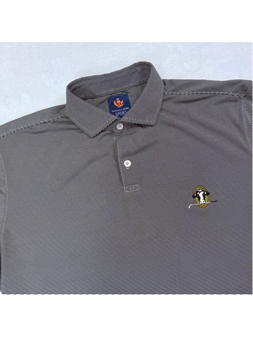 Men's Donald Ross Black Gray Striped Polo Shirt Medium Cow Golf Embroidery
